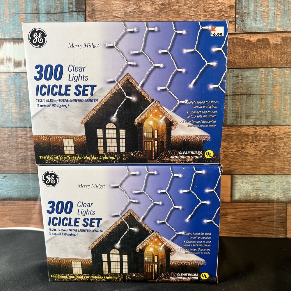 Vintage - 2/ GE 300 Clear  Icicle Lights‎ Set 19.2ft Indoor Outdoor Merry Midget